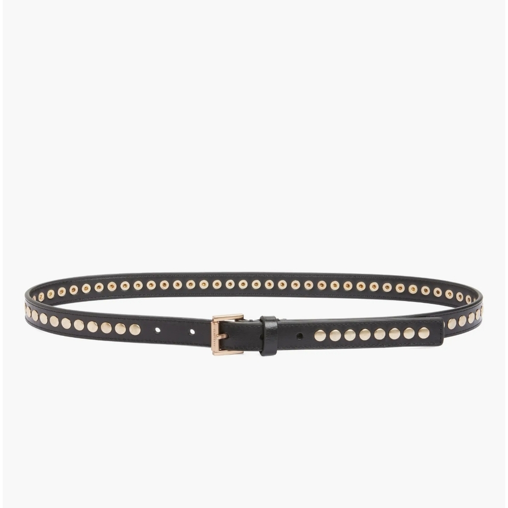 All Saints Flat Studded Black Leather Belt, Silver Studs, Size L, NWT
